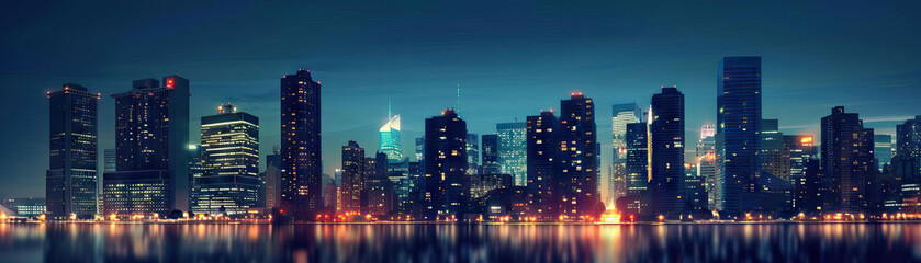 Obraz premium City Skylines at Dusk: Close-up of city skylines at dusk, illuminated buildings, and twilight views, highlighting the city's dynamic and vibrant nightlife