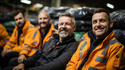 A group of cheerful male workers in high-visibility jackets taking a break and smiling at the camera, possibly during a shift at a warehouse or a factory