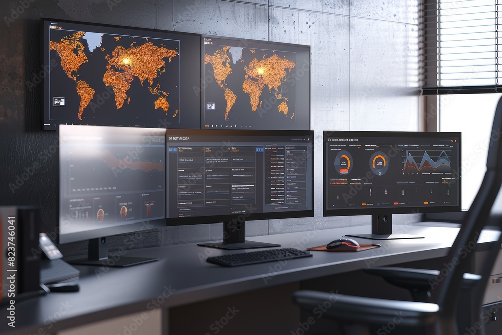 Poster logistics manager's desktop with real-time global shipping data and analytics in a modern high-tech 