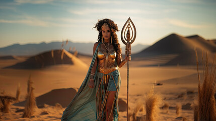 An exotic warrior woman poses in a desert landscape wielding a stylized fantasy weapon, dressed in armor