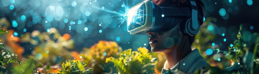 Person experiencing augmented reality with VR headset in a dreamy, colorful environment. Futuristic technology meets nature concept.