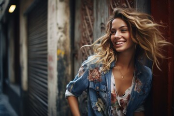 Obraz premium Radiant young woman with flowing hair strolls casually along a gritty urban street