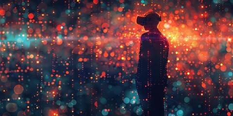 Silhouette of a person wearing VR headset surrounded by colorful bokeh lights, exploring a virtual reality world, evoking a sense of wonder.