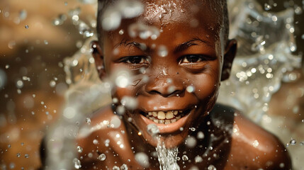 Fototapeta premium An African boy brings the scenery to life with his exuberant energy as he leaps in the colorful splash of water.