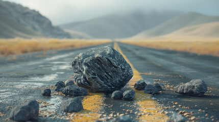 There is a large, uneven stone on the downtown road, effectively blocking the road.