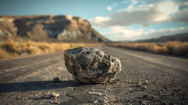 There is a large, uneven stone on the downtown road, effectively blocking the road.