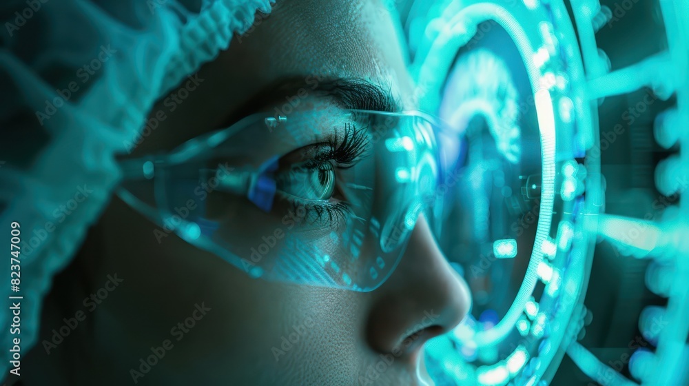 Poster a close-up of a scientist wearing protective glasses and analyzing data on a futuristic digital inte