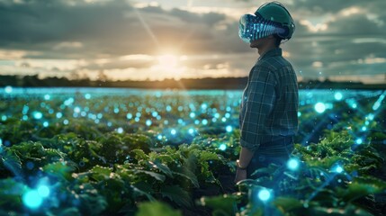 A farmer in a tech-enhanced field wearing AR glasses, symbolizing the future of agriculture and modern farming technology.