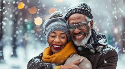 Happy senior African American couple in love, hugging and smiling while walking on the street in winter day