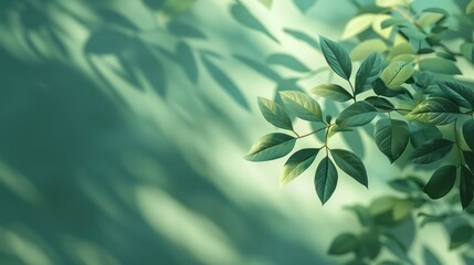 Obraz premium Beautiful green leaves casting shadows on a pastel green background, creating a serene and natural atmosphere.