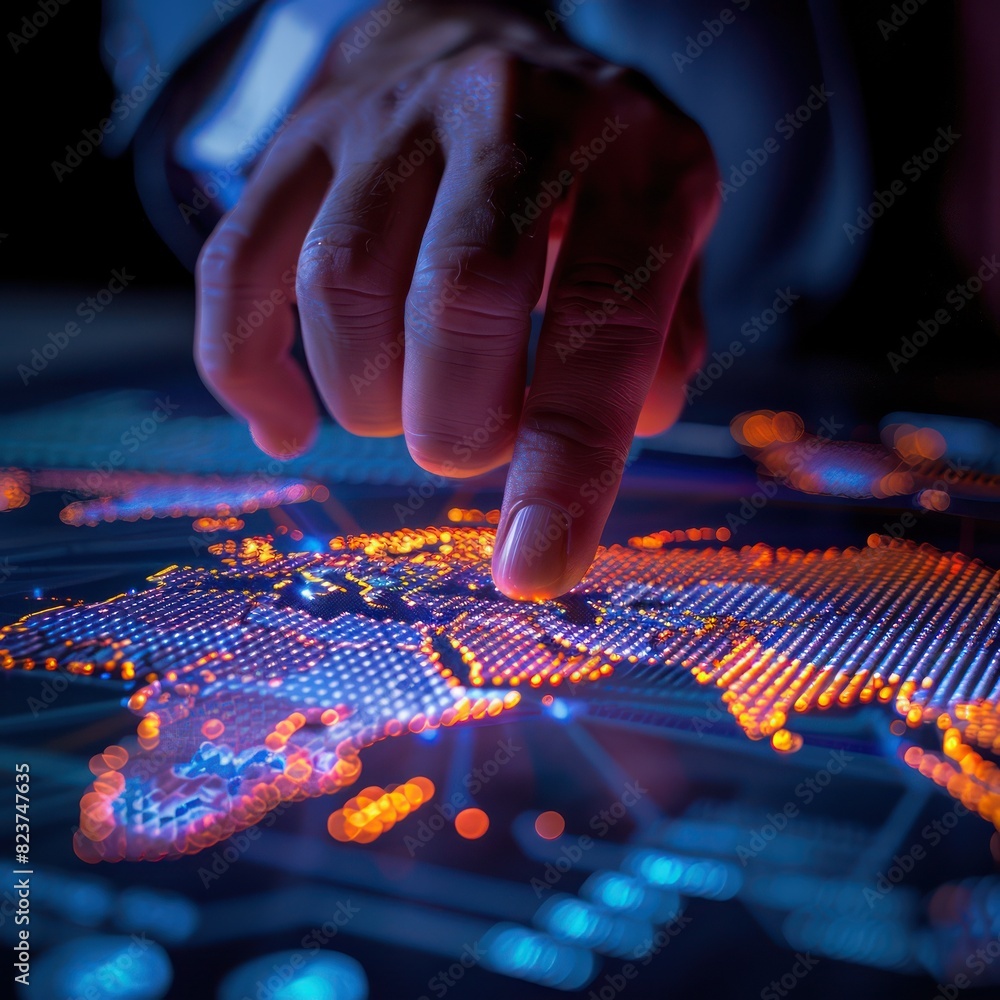 Poster close-up of a hand interacting with a digital world map interface, highlighting global connections a