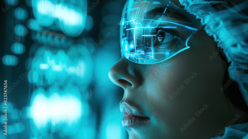 Poster close-up of a futuristic scientist with virtual reality glasses analyzing data in a high-tech labora