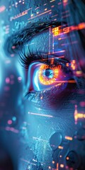 Obraz premium Close-up of a human eye with futuristic digital overlay, showcasing technology integration and innovation in data visualization.