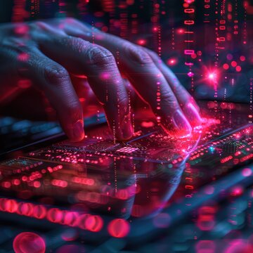 Close-up of a hand typing on a computer keyboard with red digital code overlay, symbolizing programming and cyber technology concepts.