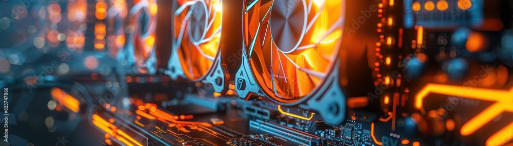 Poster close-up of high-performance computer components with vibrant rgb lighting, showcasing cooling fans 