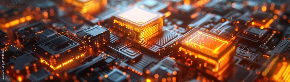 Poster close-up of glowing computer microchips on a circuit board, representing modern technology and futur