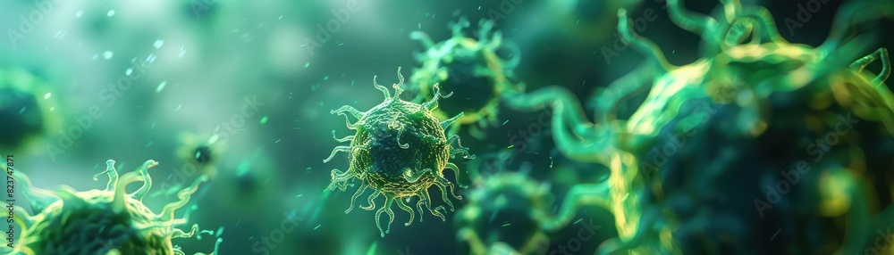 Poster close-up of green virus cells under a microscope, depicting the spread and structure of viruses in a