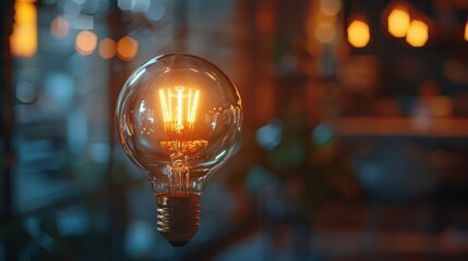 Close-up of a vintage light bulb with a glowing filament, set against a blurred background of a cozy, warmly lit room.