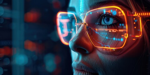 Close-up of a woman wearing futuristic augmented reality glasses, showcasing advanced technology in a vibrant digital environment.