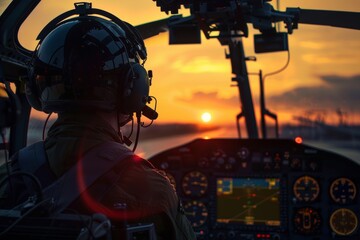 a man in a cockpit of a plane at sunset