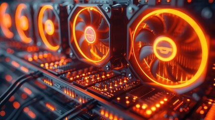Fototapeta premium Close-up of illuminated computer cooling fans and circuitry inside a high-performance server or gaming PC with vibrant orange lighting.
