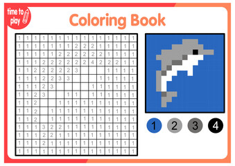 Coloring by numbers, educational game for children. Coloring book with numbered squares. animal, dolphin