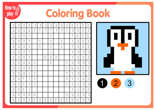 Coloring by numbers, educational game for children. Coloring book with numbered squares. animal, penguin