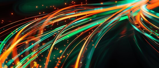 Abstract swirl of green and orange light with black background