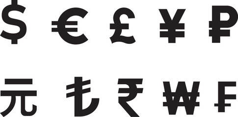 International currency symbol icons. Currency symbols. Dollar, Euro, Pound, Ruble, Rupee, Yen or Yuan, Franc, Won, Renminbi and Turkish lira se. Money kind icons. Vector Illustration. Vector graphic. 