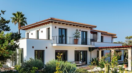 Fototapeta premium Passive ecological house with Mediterranean design, inspired by the architecture of countries such as Spain, Italy and Greece. generative ai