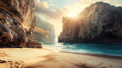 a secluded beach, framed by towering cliffs and bathed in golden sunlight