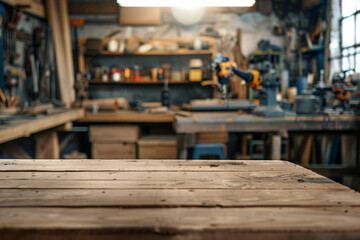 A wooden workbench in the foreground with a blurred background of an industrial workshop. The background includes various tools and equipment, metalworking machines, safety gear, and shelves.