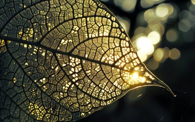 Closeup of a translucent leaf with dew drops in sunlight.