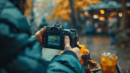 Close-up of a photographer capturing the beauty of an autumn scene, framed through the viewfinder of a camera