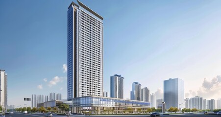 Obraz premium An exterior facade design in a modernist architectural style with sharp lines and blue accents on a white background