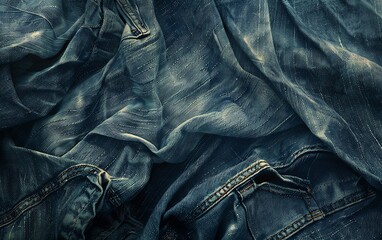 Close-up of blue denim fabric with texture and stitching.