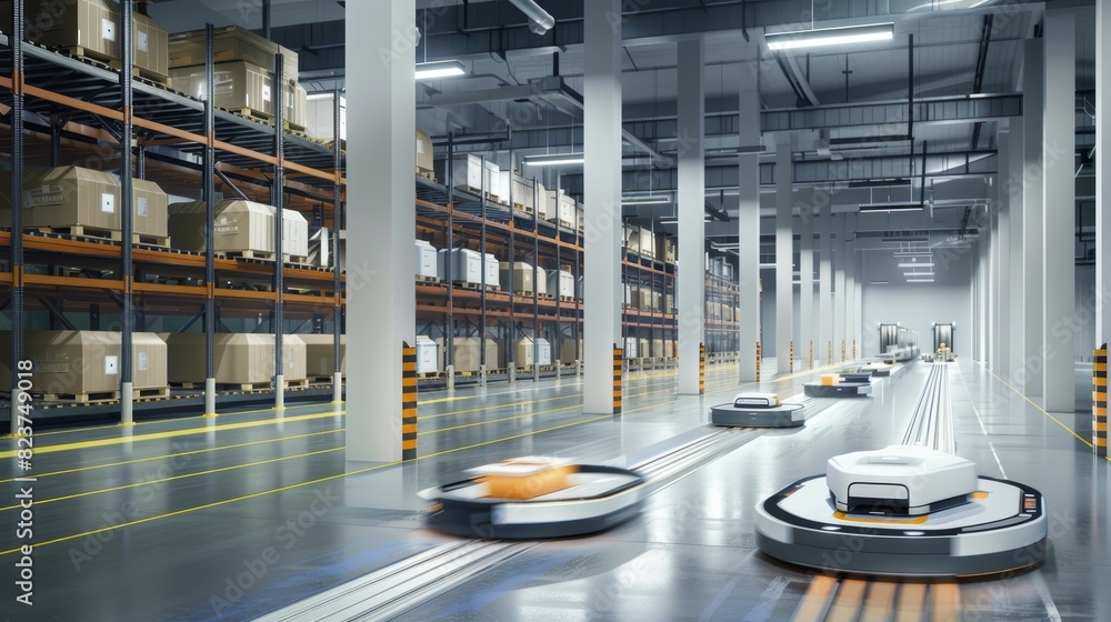 Poster modern automated logistics hub with agvs transporting goods for efficient operations in a high-tech 
