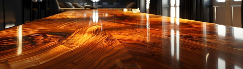 Closeup of a polished wood surface with a warm, natural grain pattern.