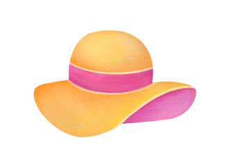 women's yellow summer hat with pink ribbon. Watercolor Hand painted sun hat illustration. Beach and garden fashion