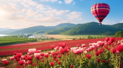 Fototapeta premium red flower garden field khao kho with balloons in khao kho district phetchabun province thailand