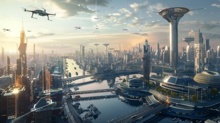 Futuristic Cityscape with Drone Delivery and Automated Freights Showcasing Advanced Global Trade and Logistics