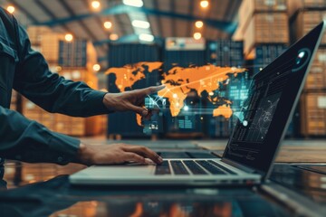Logistics Manager Pointing at Laptop Showing Global Supply Chains for Strategic Planning and Decision Making