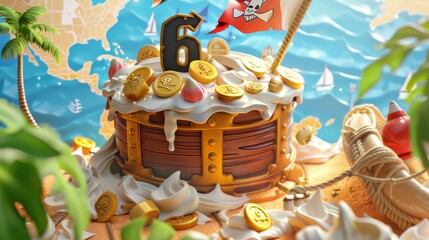 Pirate Birthday Celebration with Treasure Chest Cake and Pirate Ship on Tropical Island - Perfect for Party Decor and Invitations