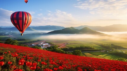 Fototapeta premium red flower garden field khao kho with balloons in khao kho district phetchabun province thailand
