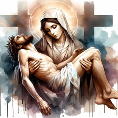 The Sixth Sorrow. Virgin Mary embracing Christ's body. Watercolor crucifix in the background.
