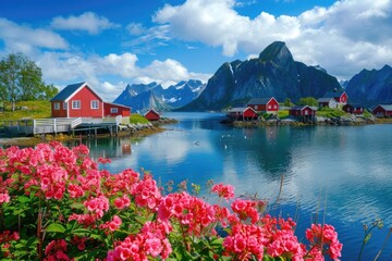 Norway Landscape: Lofoten Islands with Typical Red Houses by the Sea
