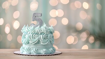 Elegant Vanilla Birthday Cake with Pastel Blue Icing and Silver Number 5 Topper for Celebrations and Parties