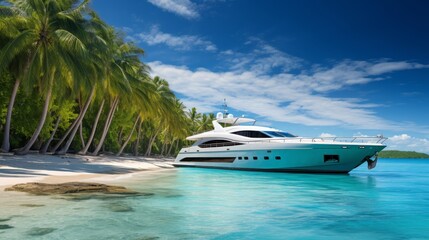 A Luxurious Yacht Anchored In a tropical beach