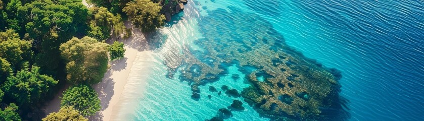 Amazing beach with white sand and crystal clear water. Green trees and blue sky. Perfect place for relax.