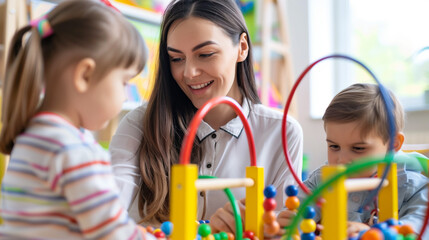 Woman and Two Children Playing With Toys